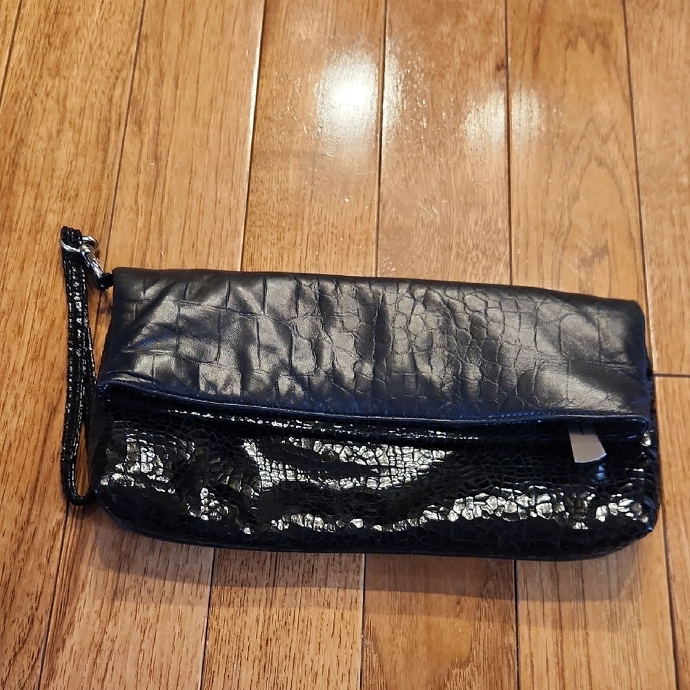 Vintage Liza Ganz New York Faux Leather Foldover Clutch Black Textured P-007